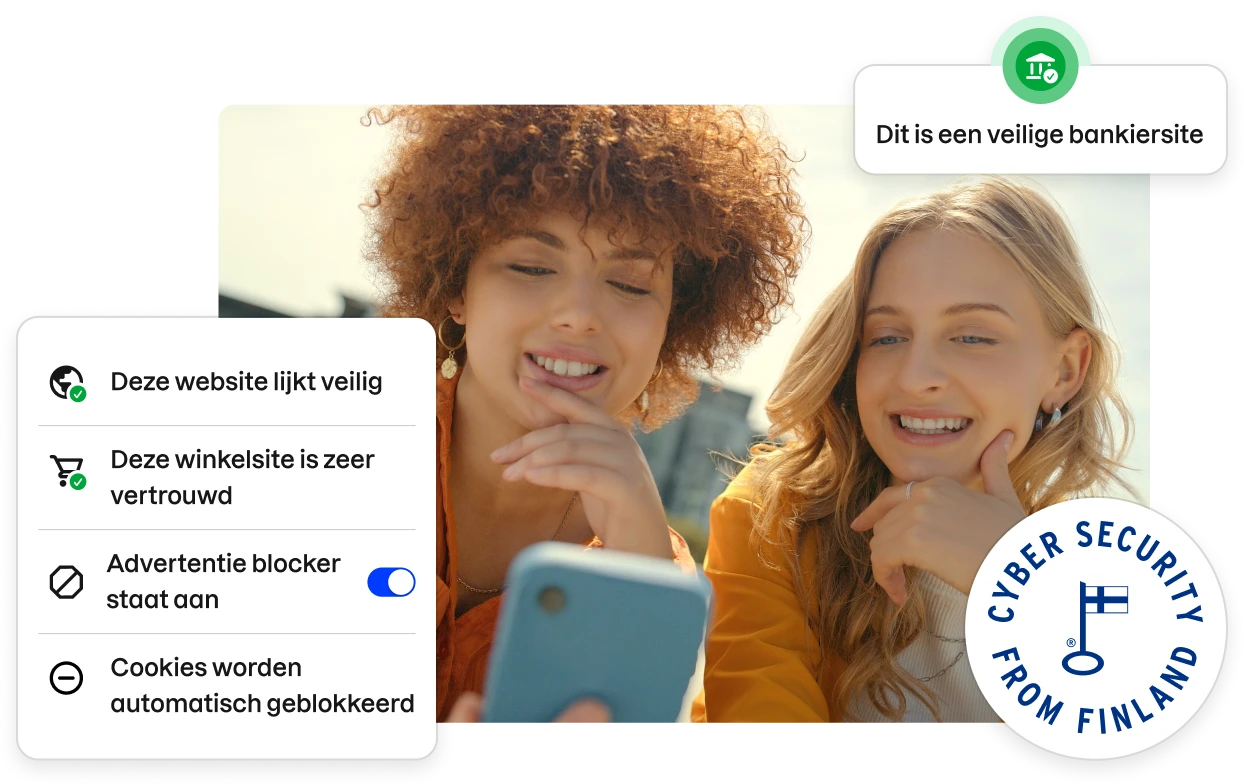 Fragmenten van de Total app UI langs een stockfoto van twee jonge vrouwen die naar een telefoon kijken.