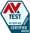 Un logotipo de AV-TEST emitido el 09/2023 para productos certificados para MacOS.