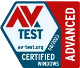 Un logotipo de AV-TEST emitido el 08/2023 para productos «AVANZADOS» certificados para Windows.