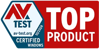 An AV-TEST logo issued 10/2024 for a “TOP PRODUCT” certified for Windows.
