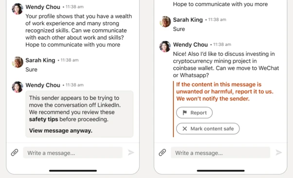 Screenshots of a Linkedin chat with a suspected scammer who is trying to move the conversation off Linkedin.
